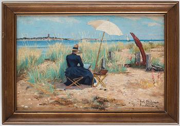 Axel Lindman, Beach scene with a woman painting en plein air.