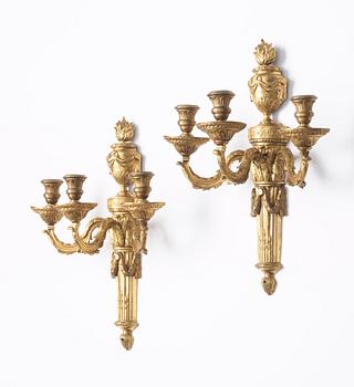 A pair of presumably Gustavian three-light wall-lights, late 18th century.