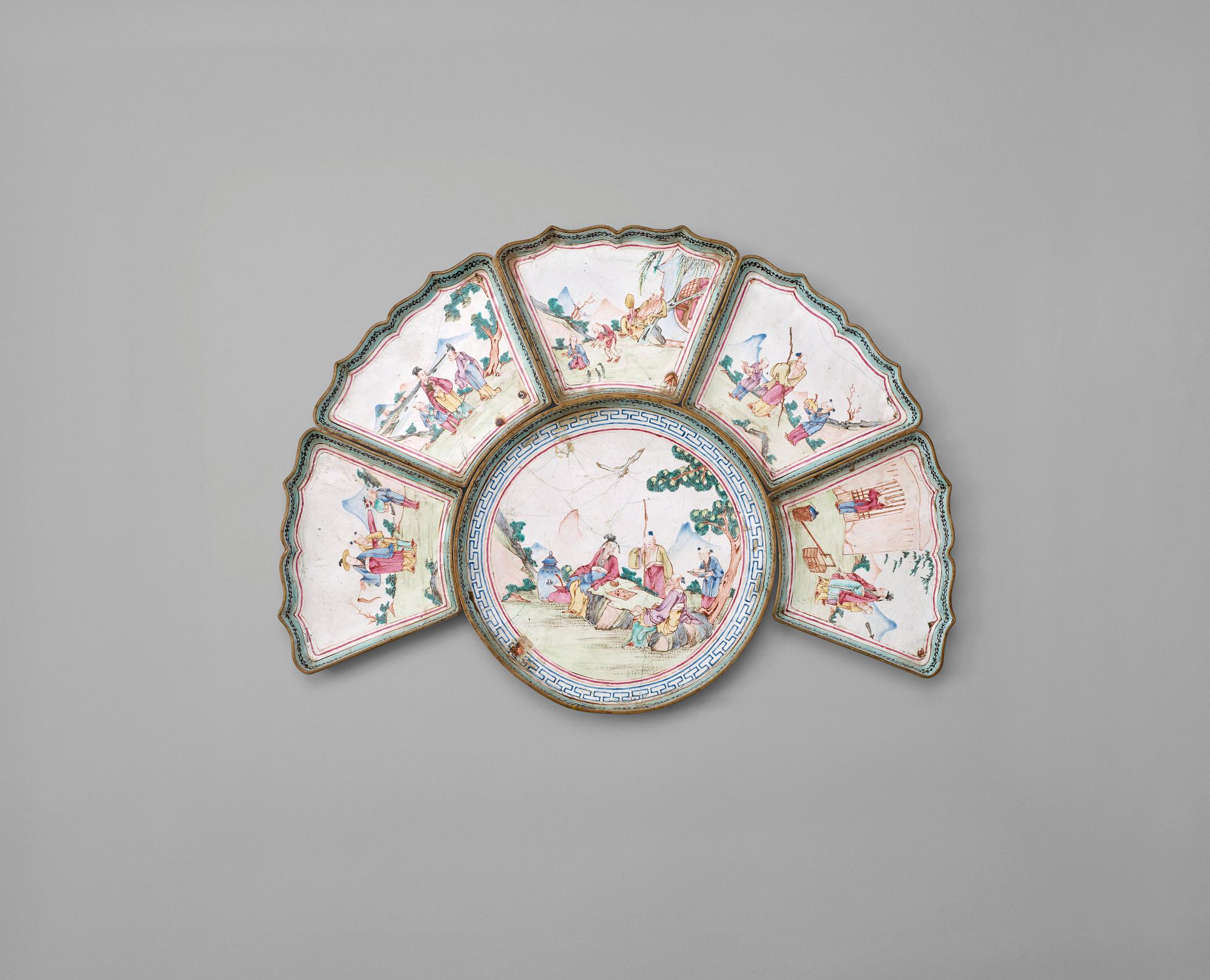 CABARET, sex delar, emalj på koppar. Qing dynastin, 1700-tal.