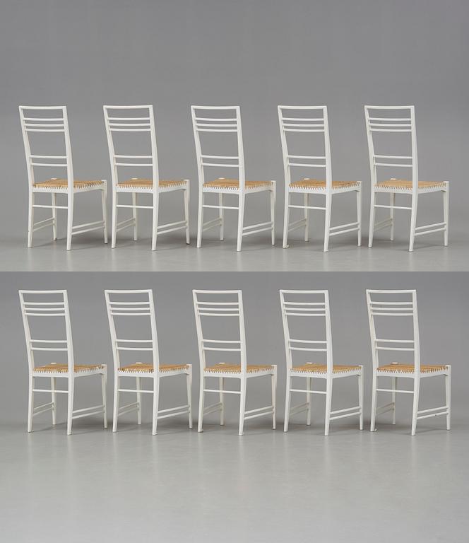 A set of 10 Erik Chambert 'Poem' white lacquered and rattan chairs, Chambert's, Sweden 1950's.