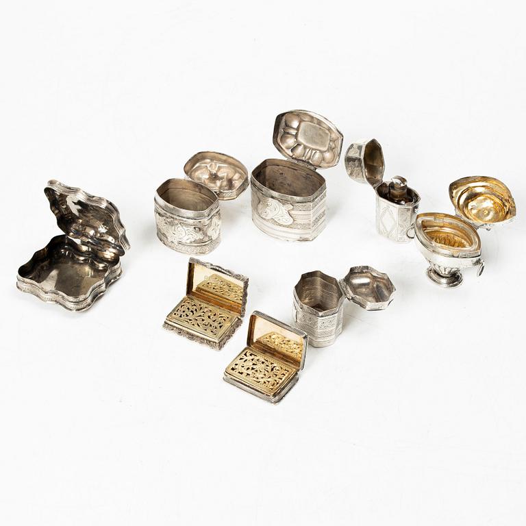 Dosor, 8 st, silver, Holland och England, mestadels 1800-tal.