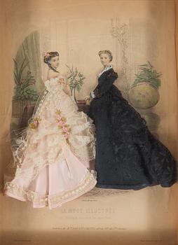 Two hand coloured fashion plates from 'La Mode Illustrée', Paris, France, 1866-7.