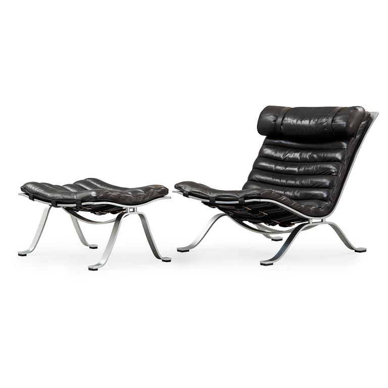 Arne Norell, an 'Ari' steel and black leather lounge chair with ottoman, Norell, Sweden.