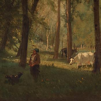 Charles Francois Daubigny Attributed to, Summer landscape with cows.