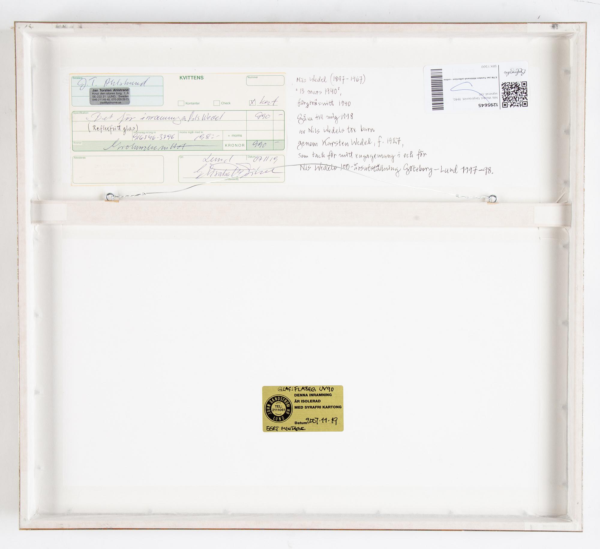 Nils Wedel, wood cut in colours, 1940 signed.