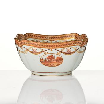 An oval vegetable tureen with cover and a pillow shaped bowl, Qing dynasty, late 18th century.