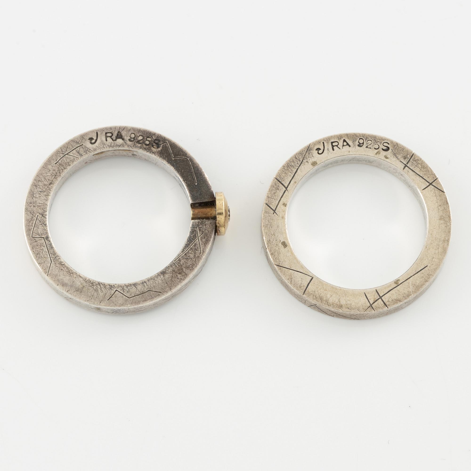 Pia Rauff, two rings in sterling silver set with a round brilliant-cut diamond.