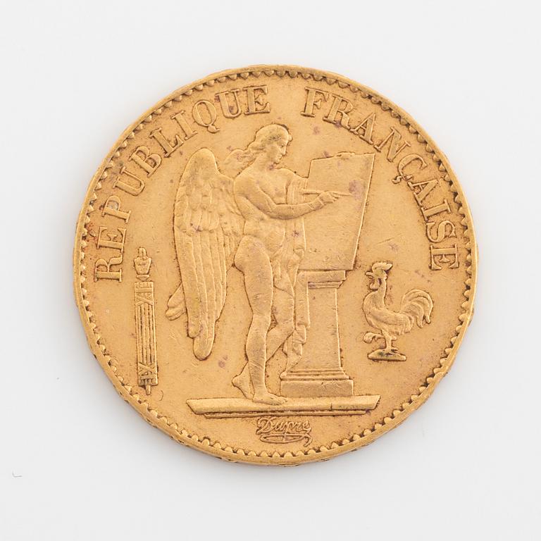 A French gold coin, 20 Francs, 1887.