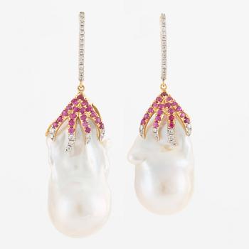 Earrings, 18K gold with cultured baroque pearls, brilliant-cut diamonds, and rubies.