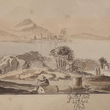 Gustaf III, Coastal landscape with figures and town.