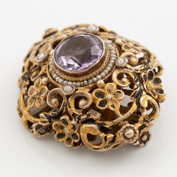 Brooch, gilded silver with amethyst and seed pearls.
