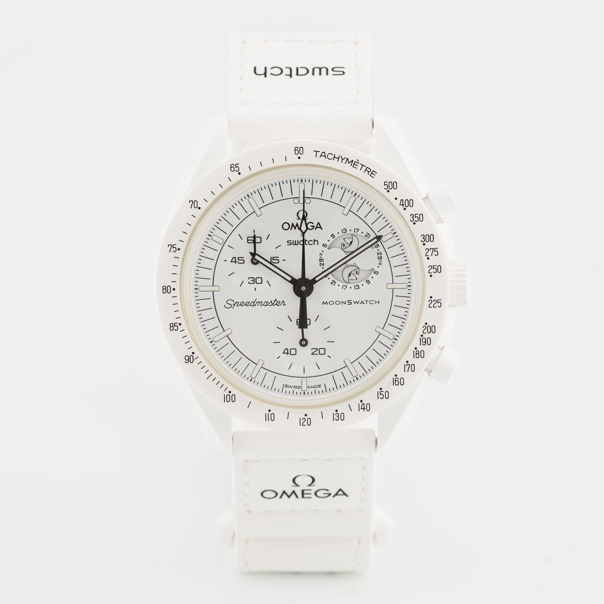 Omega/Swatch,  MoonSwatch, Mission to the MoonPhase, "Snoopy", kronograf, armbandsur, 42 mm.
