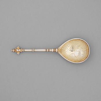 Jöran Hieronymi Bernegau, sked med dubbel kerubknopp, förgyllt silver, Norrköping, (verksam -1648-1679).