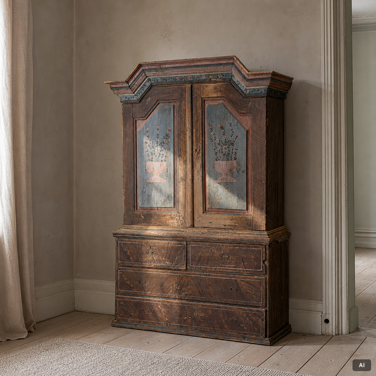 A folk-art cabinet attributed to  "Gammelmålaren" Anders Nilsson (Brunskog, 1807–1889).