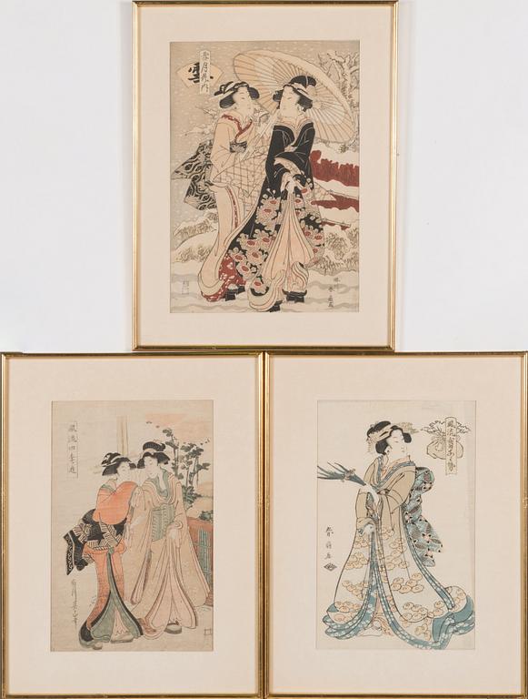 Three Japanese coloured woodblock prints, after Shunsho, Eizan, late 19th/early 20th century.