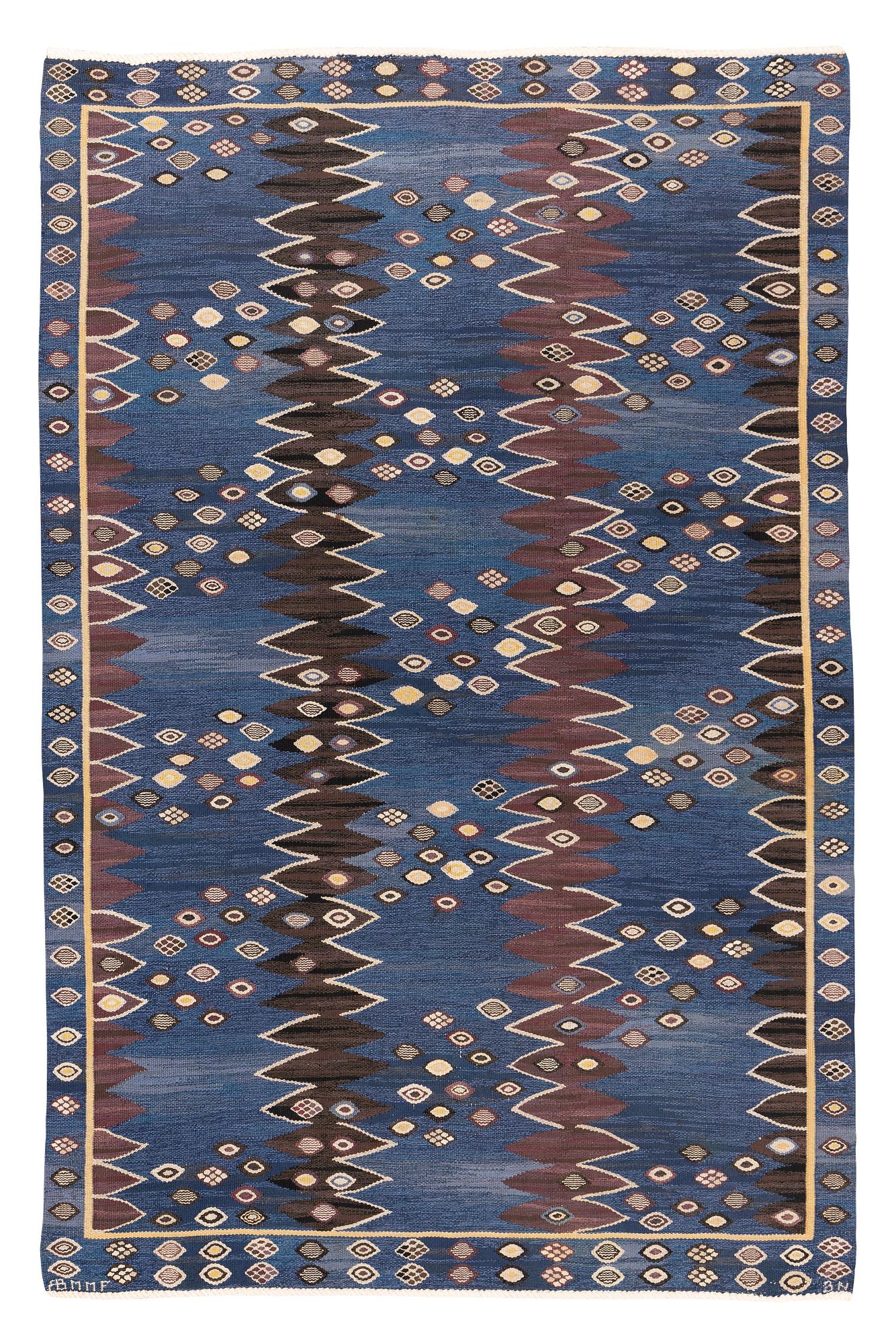 Barbro Nilsson, matto, "Snäckorna", flat weave, ca 312-313,5 x 200-204,5 cm, signed AB MMF BN.