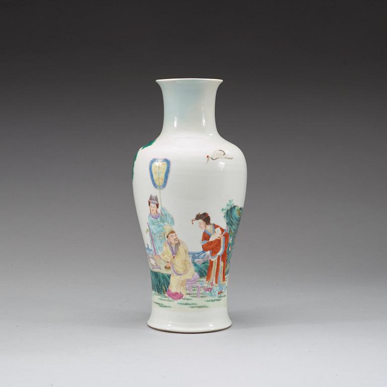 A finely painted famille rose vase, Republic (1912-49) with Qianlong's mark.