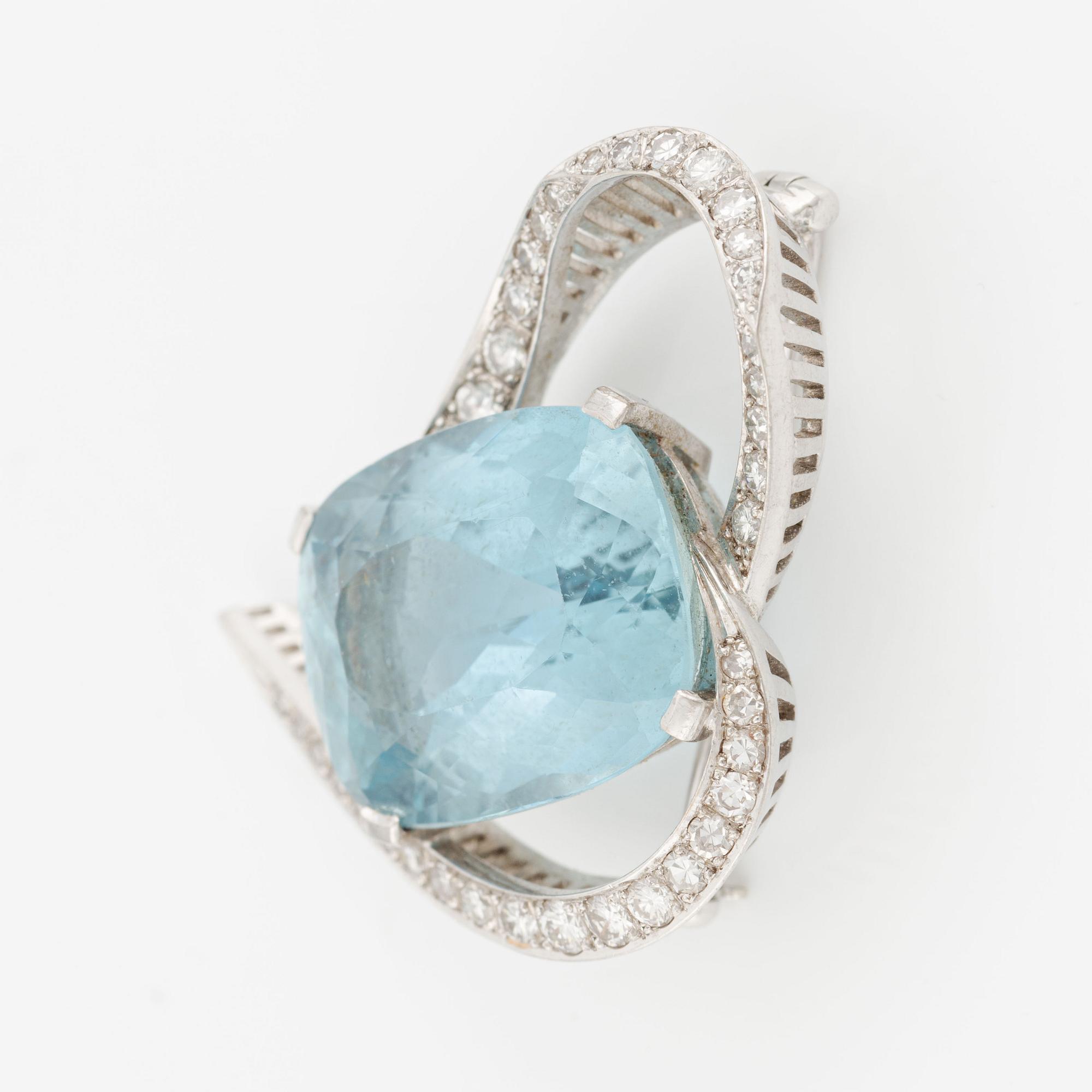 Brooch, K.Torndals, 18K white gold with aquamarine and brilliant-cut diamonds.