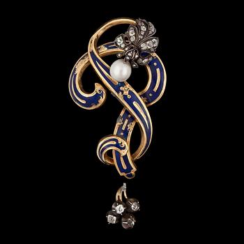 1006. A Victorian blue enamel, pearl and old-cut diamond brooch. Made by Swedish goldsmith Möllenborg, Stoeckholm 1852.