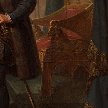 Johan Gustaf Sandberg, Gustav Vasa stående i en slottsinteriör intill ett draperat bord vilandes ena handen på Vasabibeln.