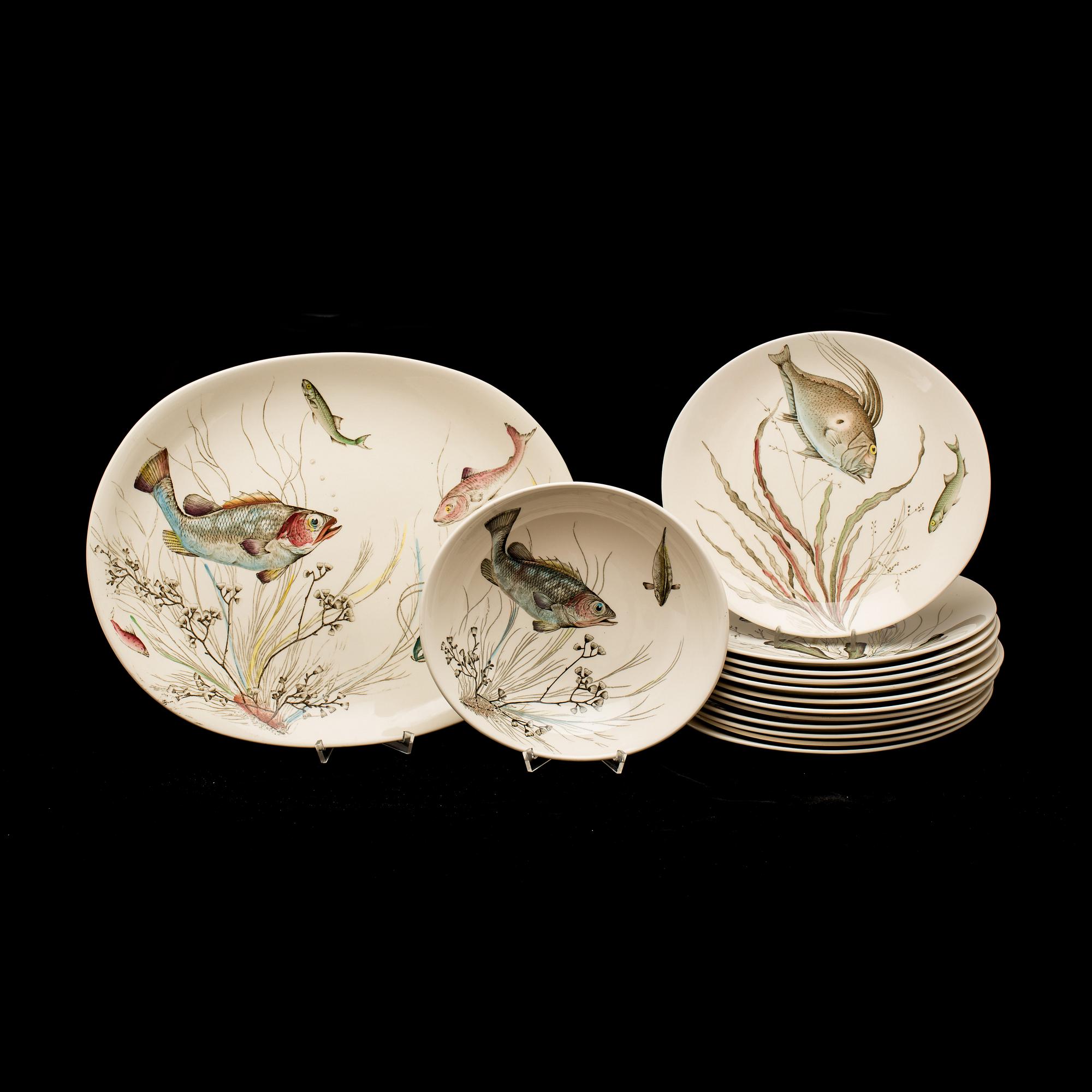 FISKSERVIS, 14 delar, flintgods, "Fish" Johnson Bros. England, 1900-talets andra hälft.