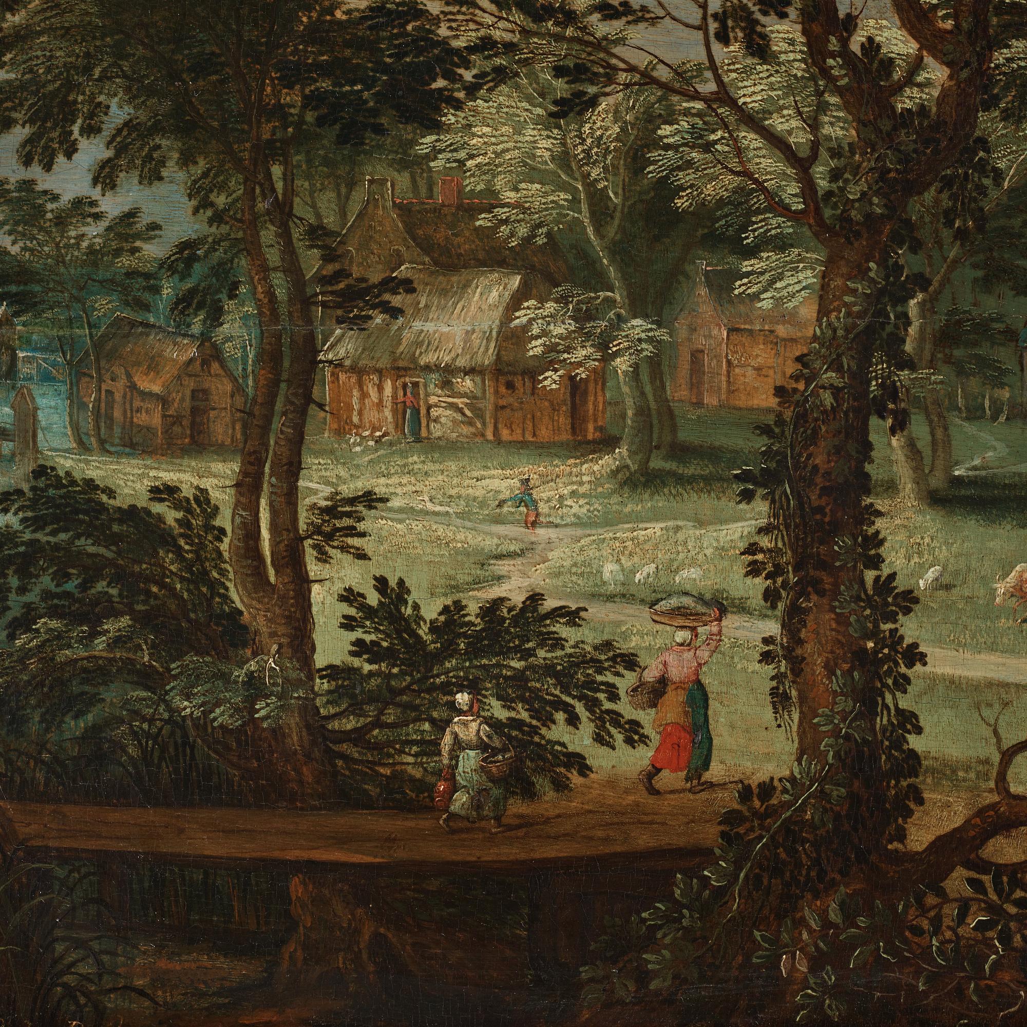 Adriaen van Stalbemt Hans krets, Landskap med figurer vid by.