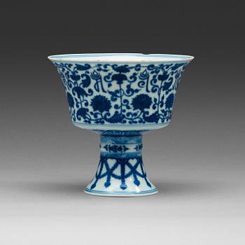 361. A blue and white stemcup with 'Lanca' characters, Qing dynasty with Qianlong mark.