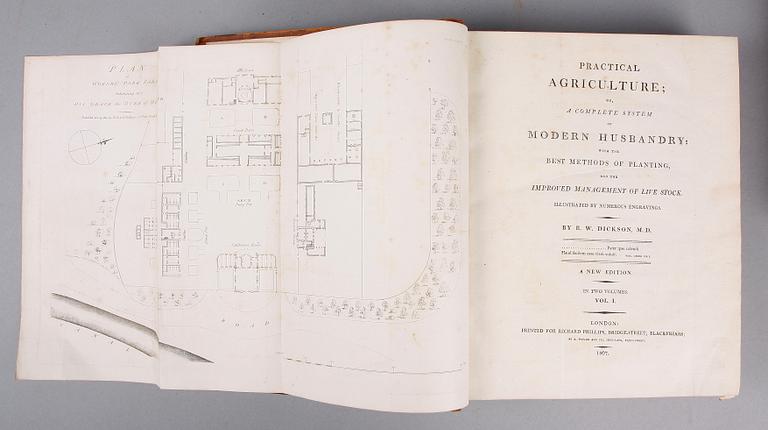 BOKVERK, 2 band, "PRACTICAL AGRICULTURE OR MODERN HUSBANDRY", vol I-II, av RW. Dickson, London 1807.