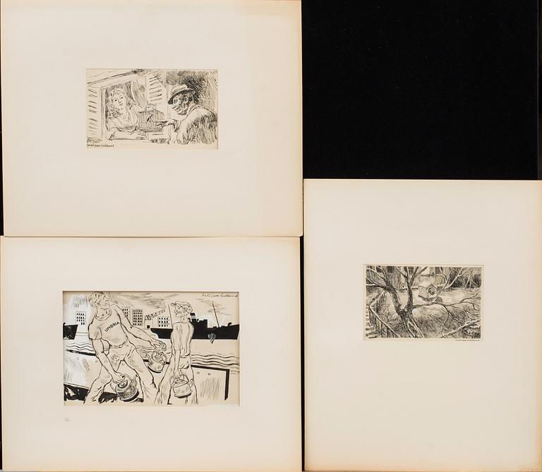 BERTIL BULL HEDLUND, 9 pieces, ink and pencil drawings, signed.