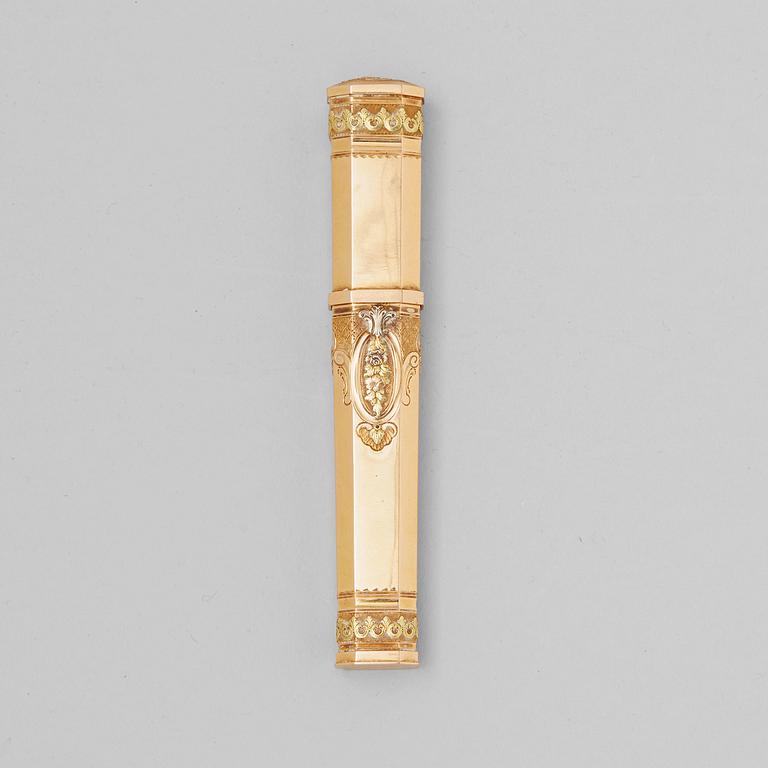 A Swedish 18th century gold en trois couleurs needle-case, unidentifeid makers mark, Stockholm 1787.