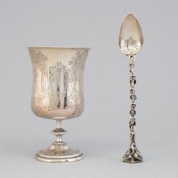 A French silver chalice with monogram of Napoleon III and silver spoon, mid 19th century. Weight 205 g.