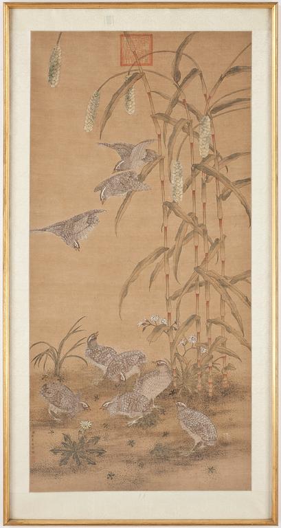 LANG SHIH-NING, efter, bladteknik på textil, siglillstämplad.