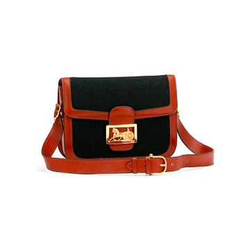 829. CÉLINE, a dark green felt and brown leather shoulder bag.