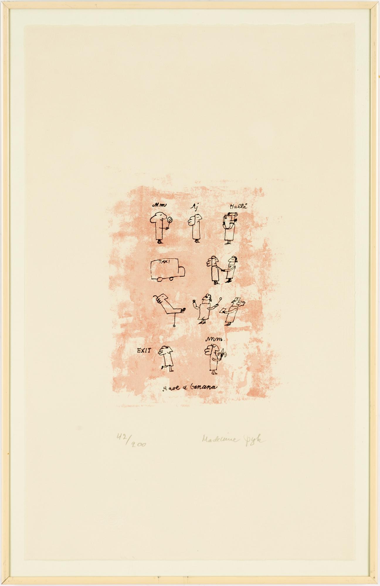 Madeleine Pyk, färglitografier, ett par, "Praktik stängd" och "Have a banana".