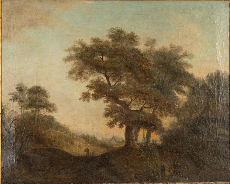 Unknown artist, 18th century, Landscape with figures outside village.