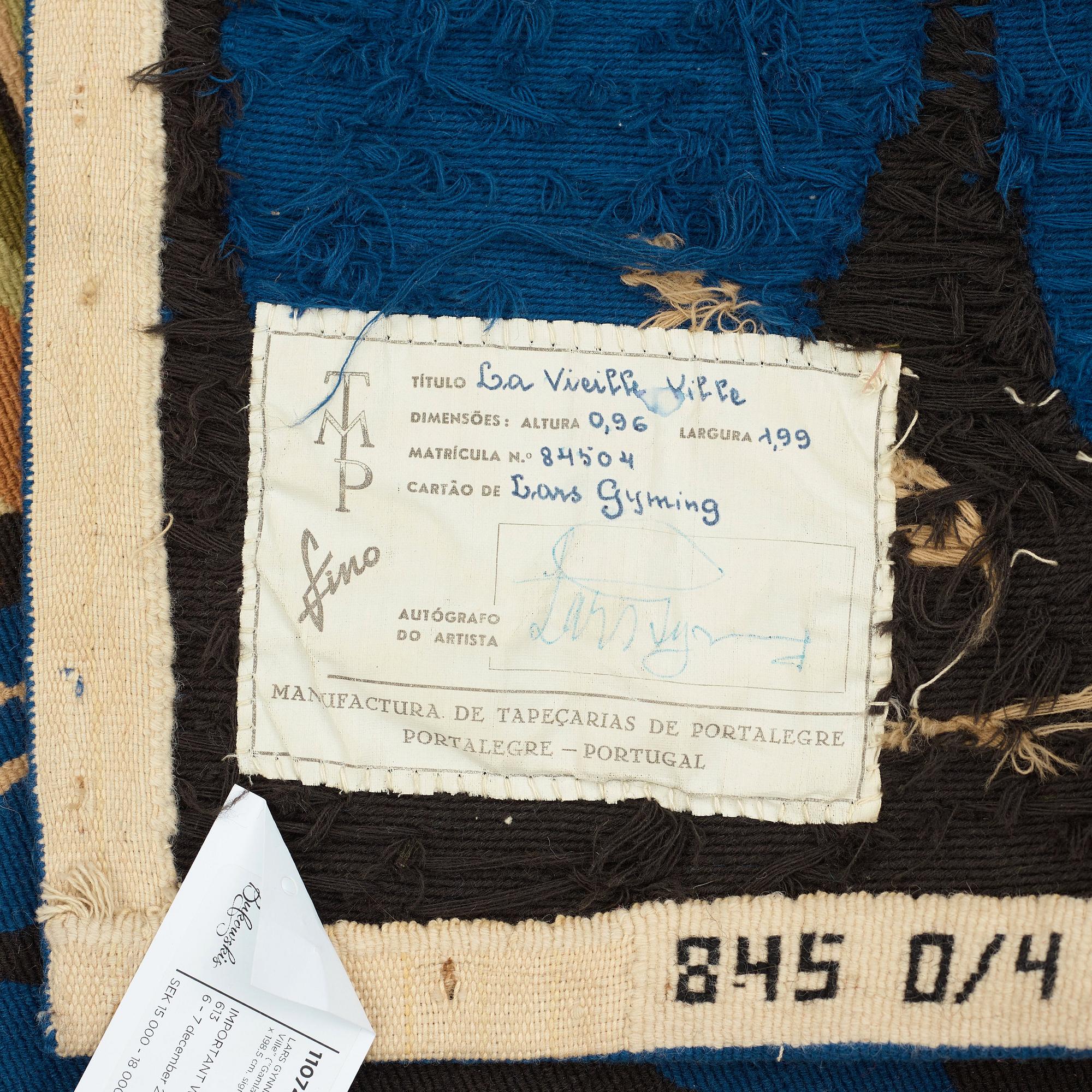 Lars Gynning, VÄVD TAPET, "La Vieille Ville" ("Gamla Stan"), gobelängteknik, ca 93,5 x 198,5 cm, signerad GYNNING MTP fino.