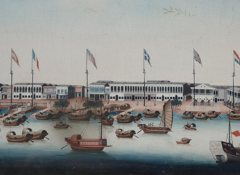 OLJEMÅLNING, motiv från de Ostinidska faktorierna i Kanton, okänd konstnär, Kina, 1700-tal.
