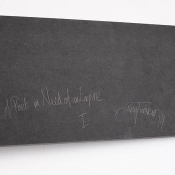 Johan Furåker, signed and dated -14. Objects, mixed media and panel on wooden shelf.