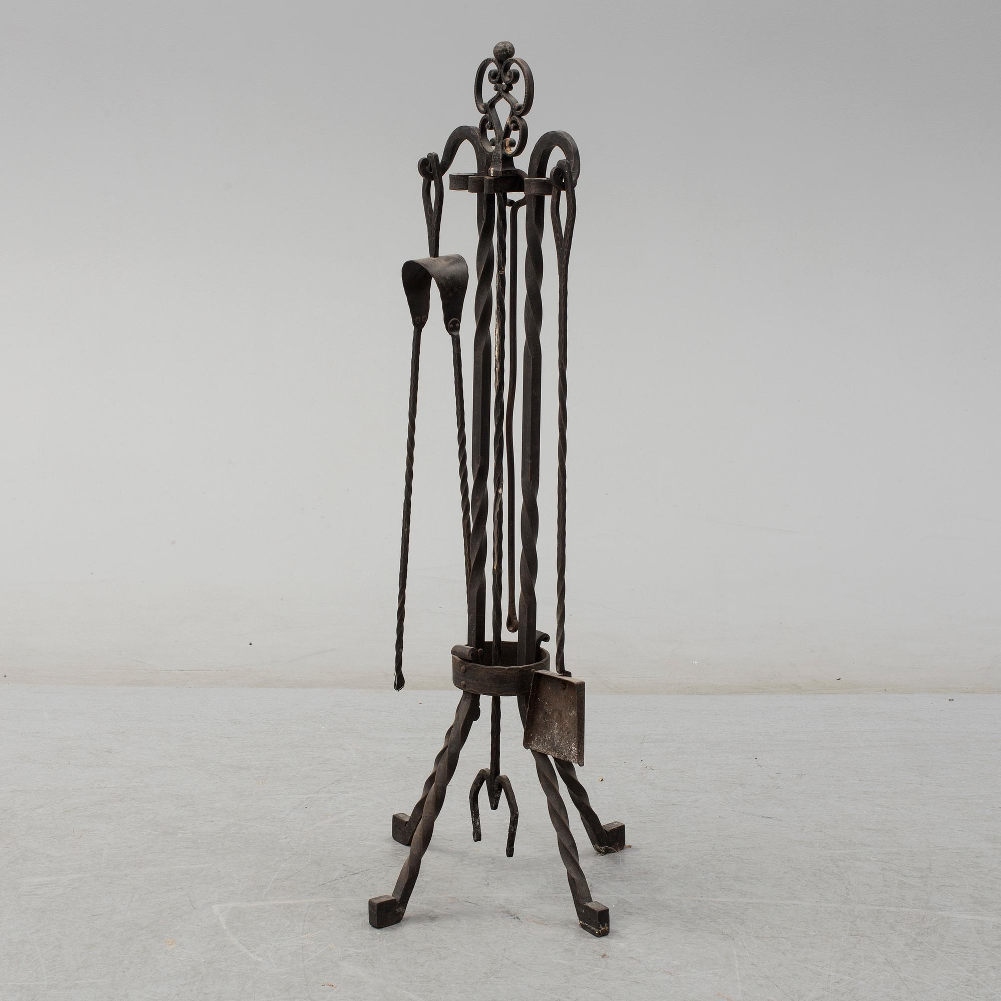 FIRE UTENSILS, iron, five parts, early 20th century.