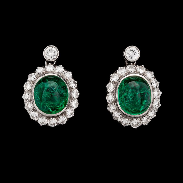 A pair of cabochon cut emerald and diamond earrings, 1950's.