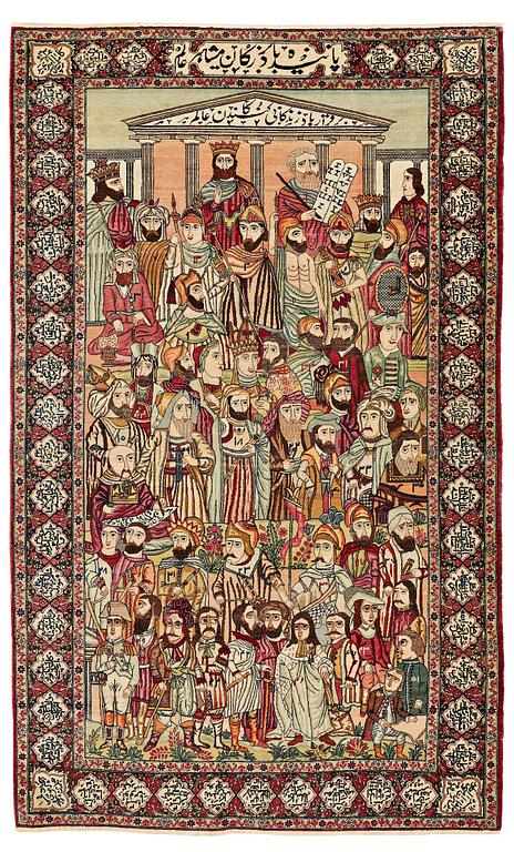 MATTO, an antique Kerman Laver figural, "the Rulers of the World", ca 234-235 x 142 cm.