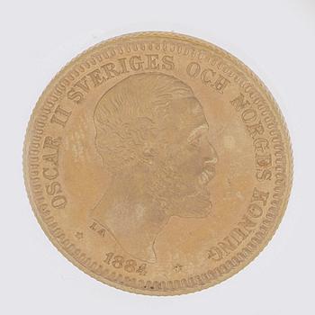 MYNT, guld, 20 kronor, Oscar II, 1884, vikt ca 9 g.