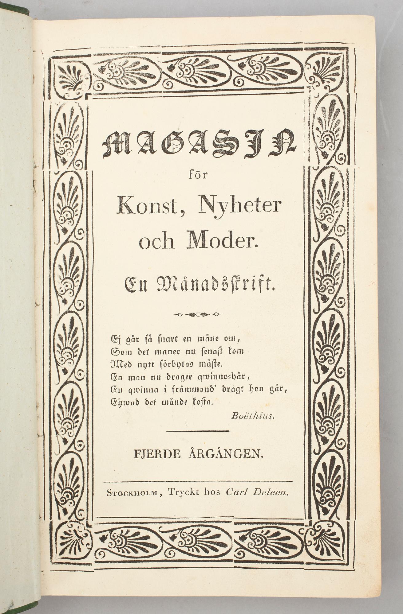 MODEMAGASIN, 6 vol, "Magasin för konst, nyheter och moder", Fredrik Boije, Stockholm 1823, -26,-27, -28, -29 -31.