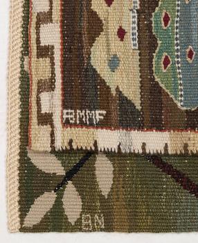 TEXTILES, 2 pieces. "Nattviol", flat weave. 42,5 x 39 cm, signed AB MMF. "Grön kvist med rött", tapestry weave 58,5 x 45,5. signed BN.
