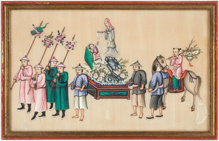 GOUACHER, 7 st, på rispapper, Kina 1800-tal.