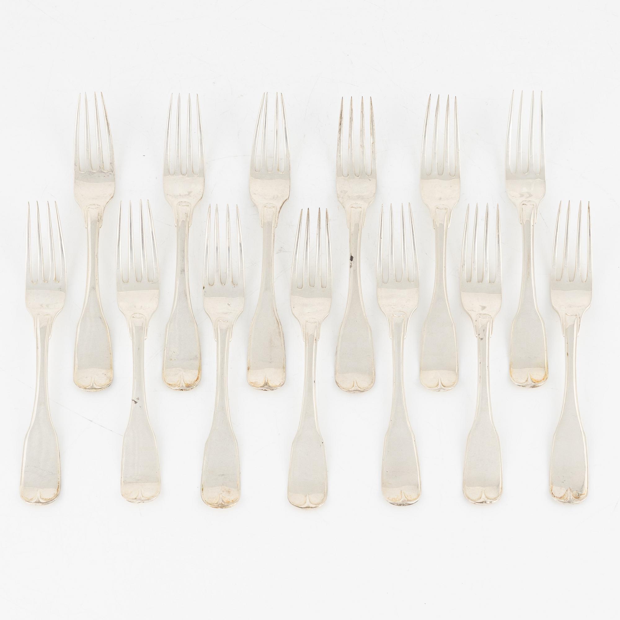 13 silver forks, Carl Magnus Ryberg, Stockholm, 1806.