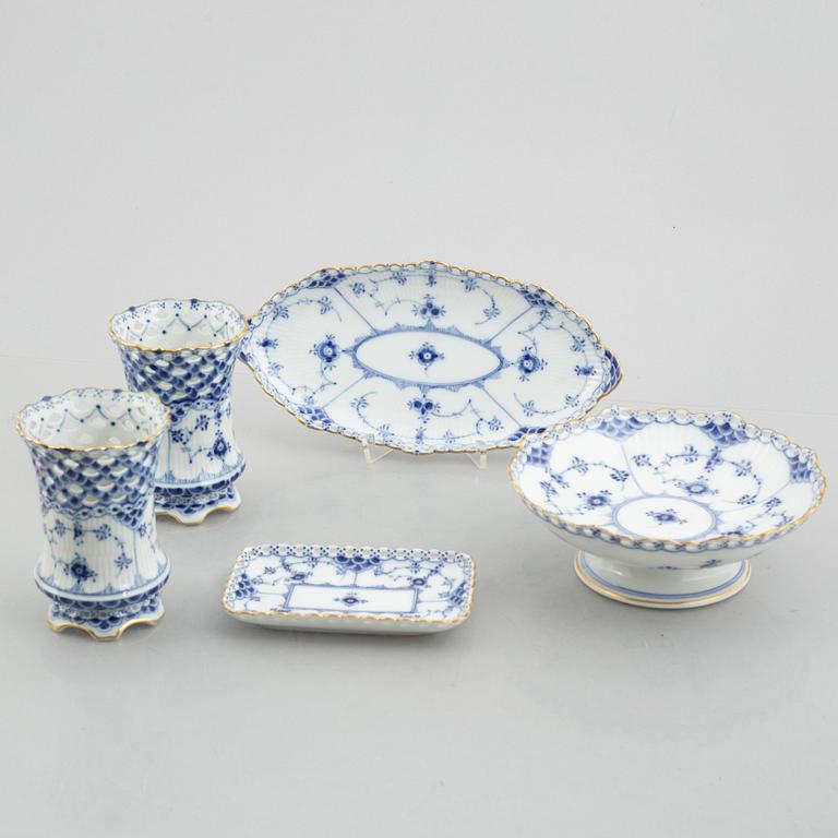 A group of three 'Blue fluted full lace' / 'Musselmalet' dishes and a pair of vases, Royal Copenhagen, 20th century.