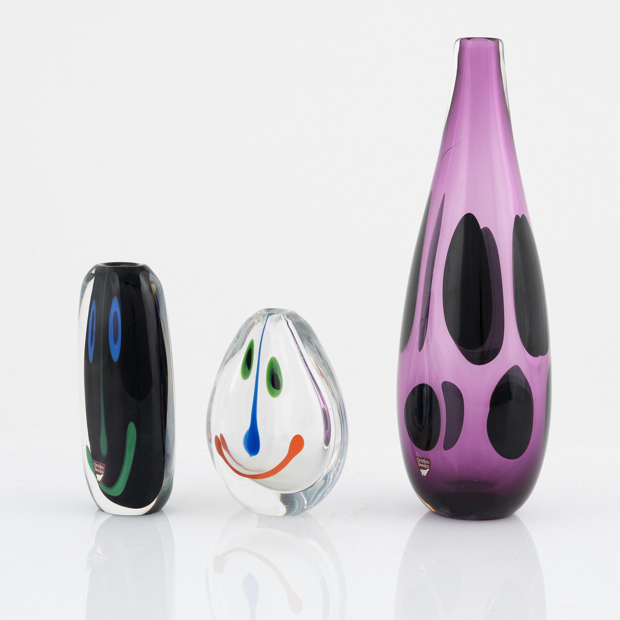Anne Nilsson, a group of three glass vases, Orrefors.
