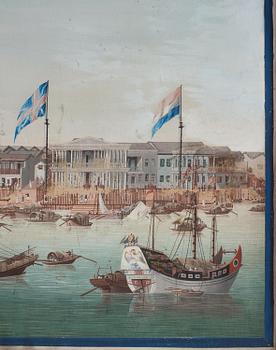 A pair och Chinese Export paintings depicting the Hongs of Canton and buildings along the river, late 18th century.