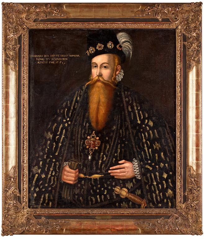 Johan Baptista van Uther Hans efterföljd, "Konung Johan III" (1537-1592), iklädd spansk svart hovdräkt med guldbrodyr, midjebild.
